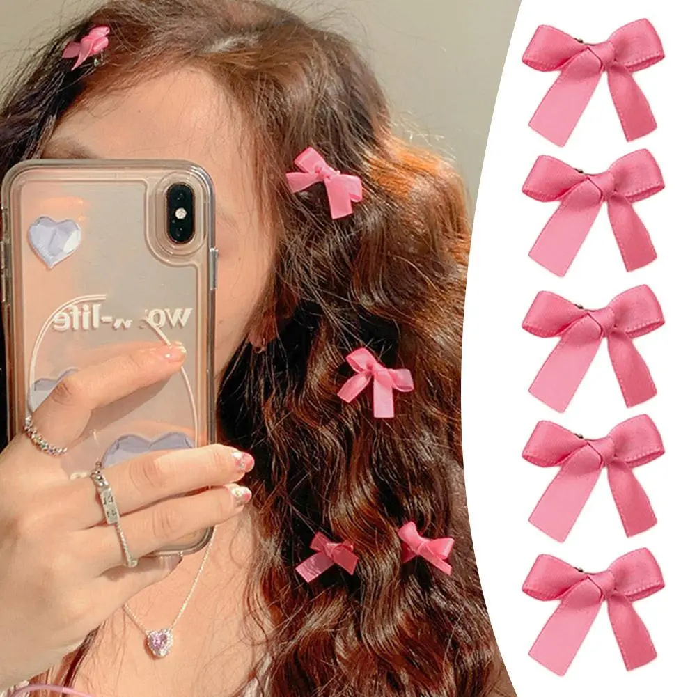 5Pcs/Lot Girls Pink Ribbon Bow Hair Clips Cute Bowknot Hairpin Small Barrettes Snap Clip For Women Fashion Accessories