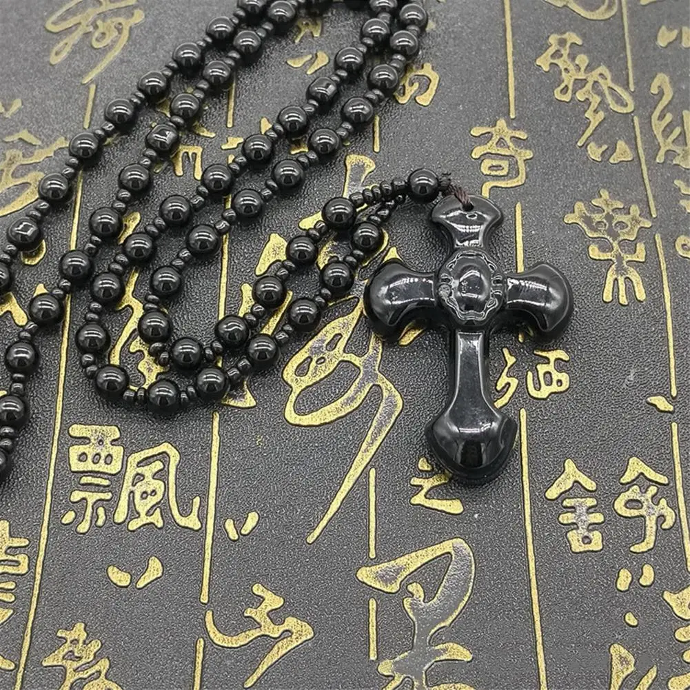 High Quality Natural Black Obsidian Carved Cross Lucky Pendant Beads Necklace for Men Hand Carved Pendants Women Jewelry