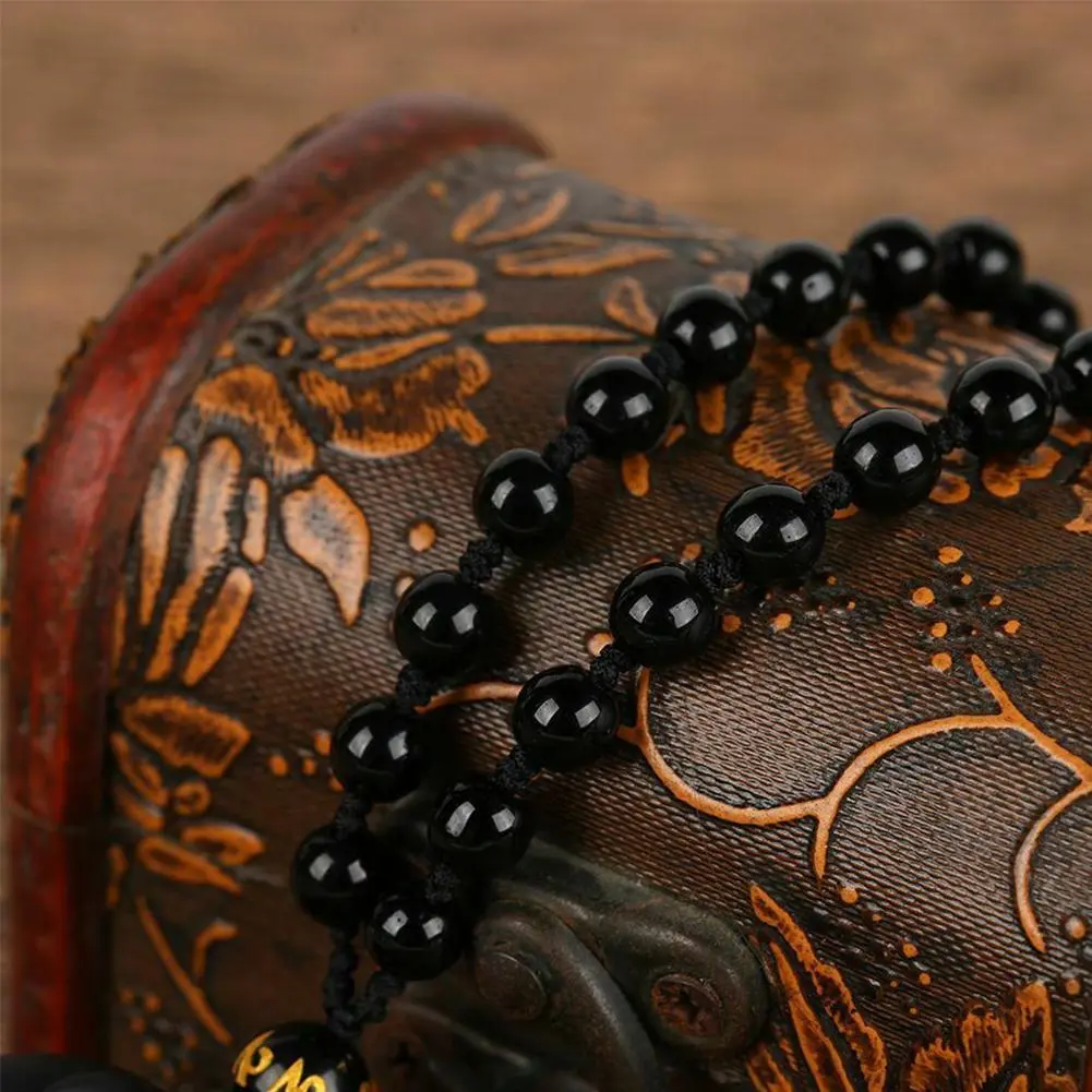 High Quality Natural Black Obsidian Carved Cross Lucky Pendant Beads Necklace for Men Hand Carved Pendants Women Jewelry