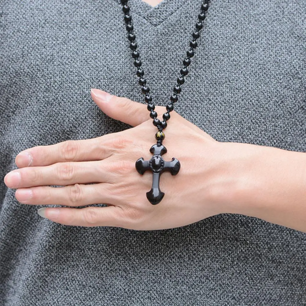 High Quality Natural Black Obsidian Carved Cross Lucky Pendant Beads Necklace for Men Hand Carved Pendants Women Jewelry