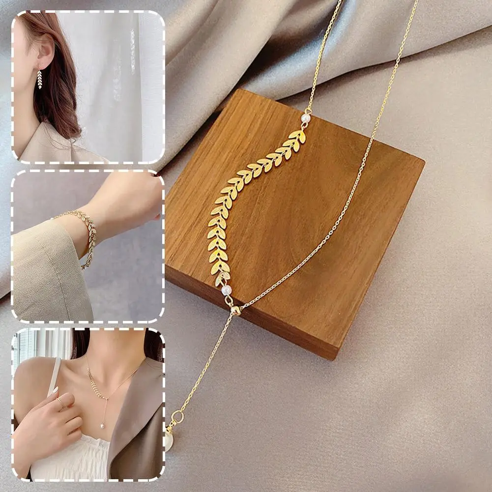3 Pcs/ Set Retro Wheat Leaf Clavicle Chain Earings Bracelet Set Sexy Sling Accessories Korean Wheat Jewelry Set For Women