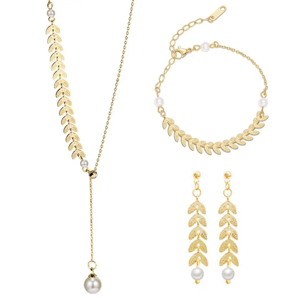 3 Pcs/ Set Retro Wheat Leaf Clavicle Chain Earings Bracelet Set Sexy Sling Accessories Korean Wheat Jewelry Set For Women