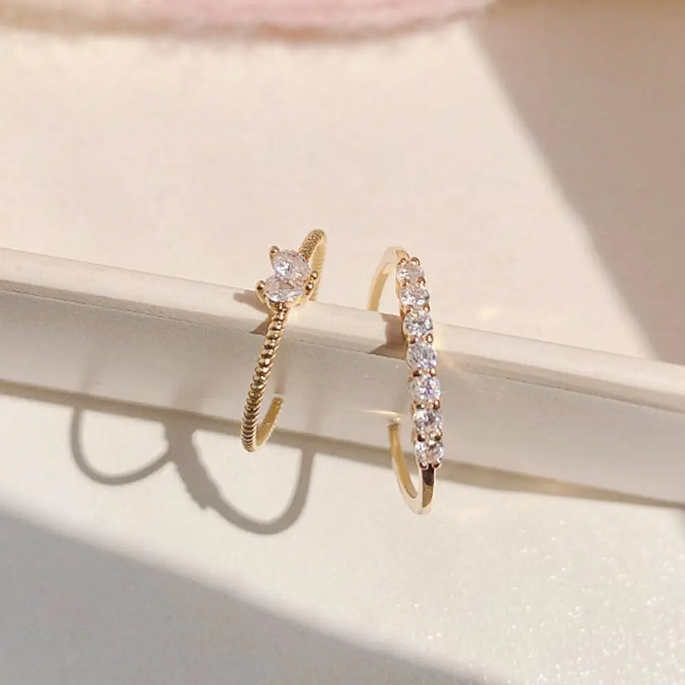 2PCS Trendy Zircon Heart Rings Set for Women Girl Korean Gold Color Adjustable Opening Finger Bride Wedding Female Jewelry