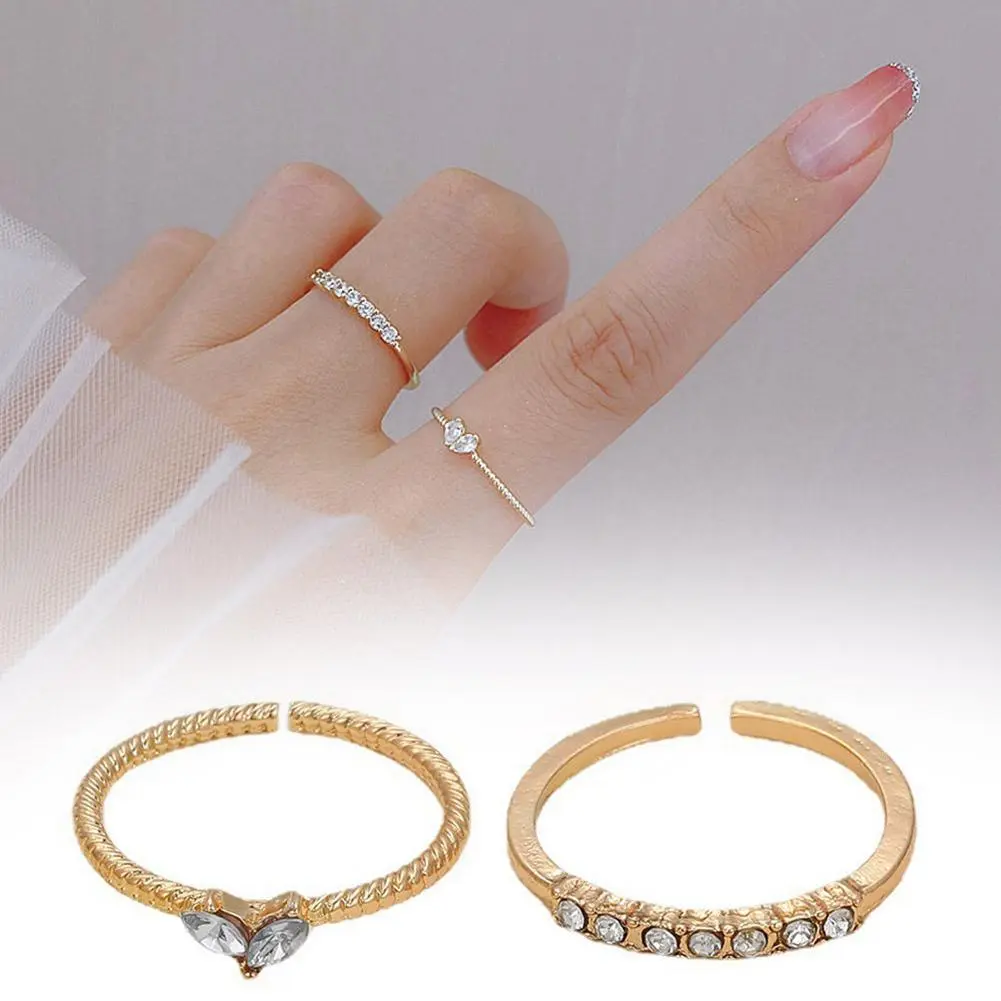2PCS Trendy Zircon Heart Rings Set for Women Girl Korean Gold Color Adjustable Opening Finger Bride Wedding Female Jewelry