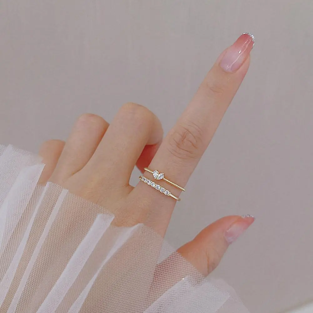 2PCS Trendy Zircon Heart Rings Set for Women Girl Korean Gold Color Adjustable Opening Finger Bride Wedding Female Jewelry