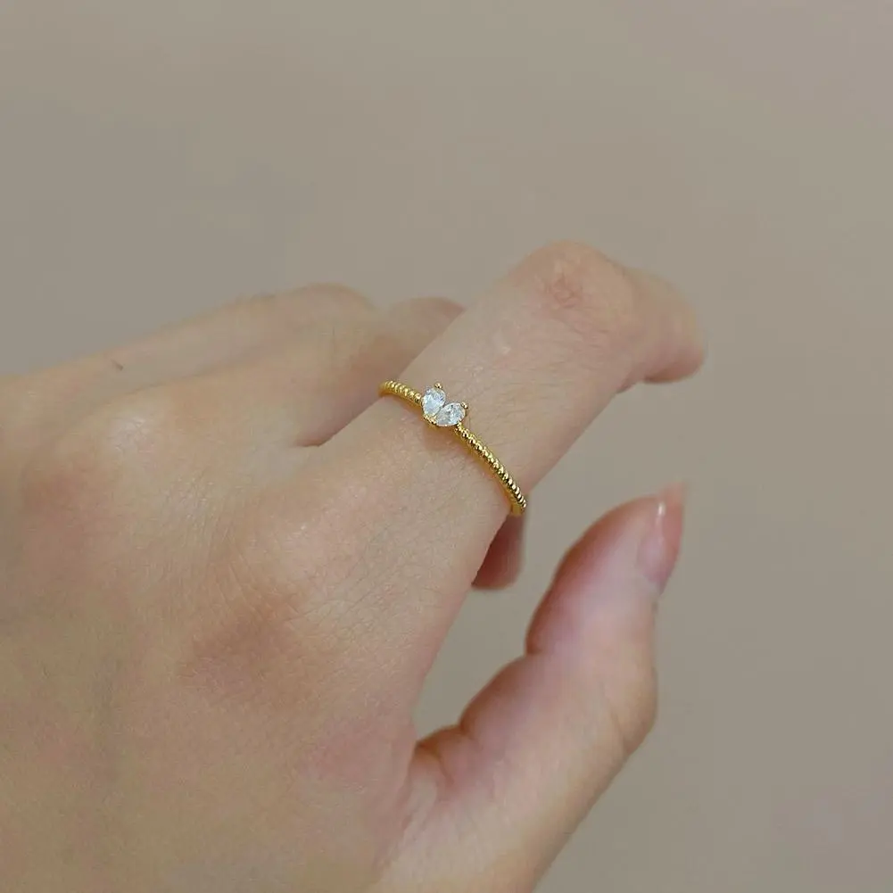 2PCS Trendy Zircon Heart Rings Set for Women Girl Korean Gold Color Adjustable Opening Finger Bride Wedding Female Jewelry