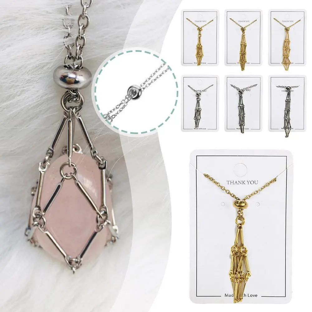 Steel Design Crystal Cage Necklace Holder Net Metal Chain Stone Collecting Holder Adjustable Pendant Jewelry