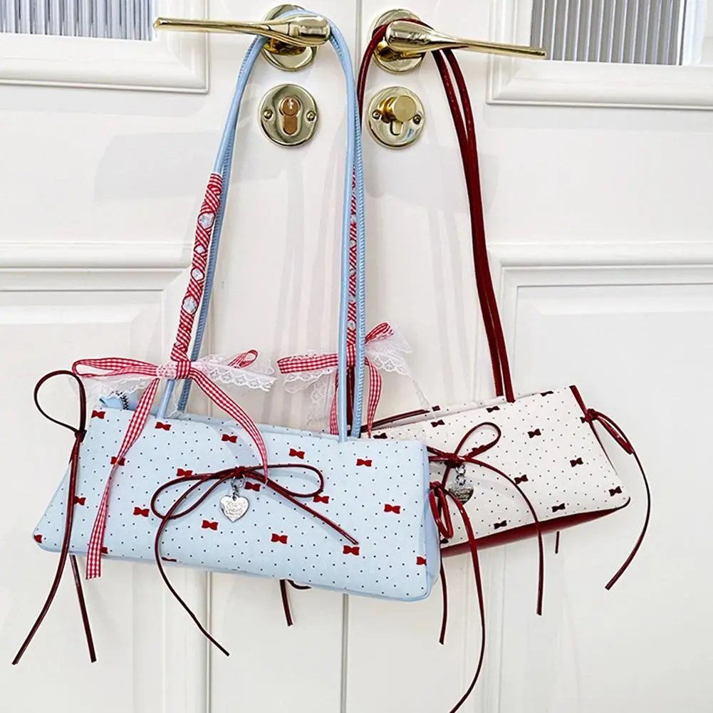 Portable Sweet French Stick Handbag Ribbon Korean Style Underarm Bag PU Leather Handle High Quality Armpit Bag Travel