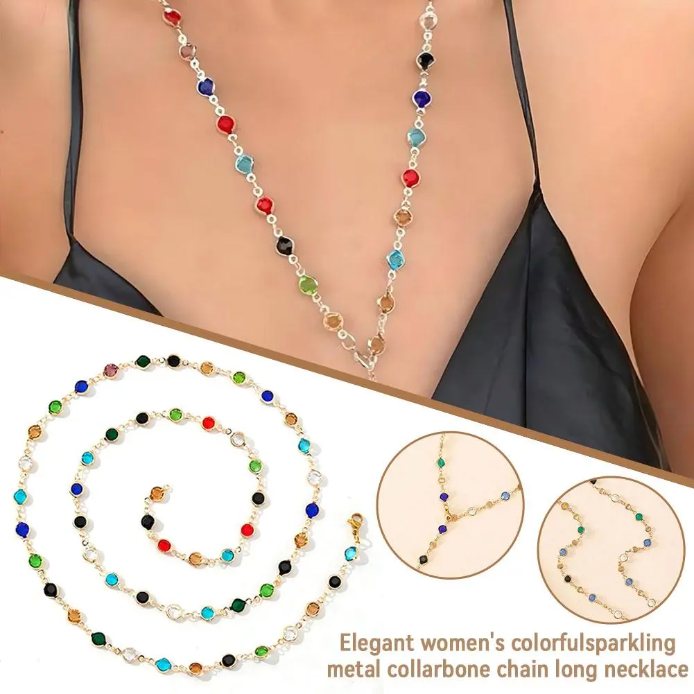 Bohemian Colorful Glass Long Y-Shaped Necklace Metal Collarbone Chain Gold Silver Color Summer Holiday Party Body Jewelry Gifts