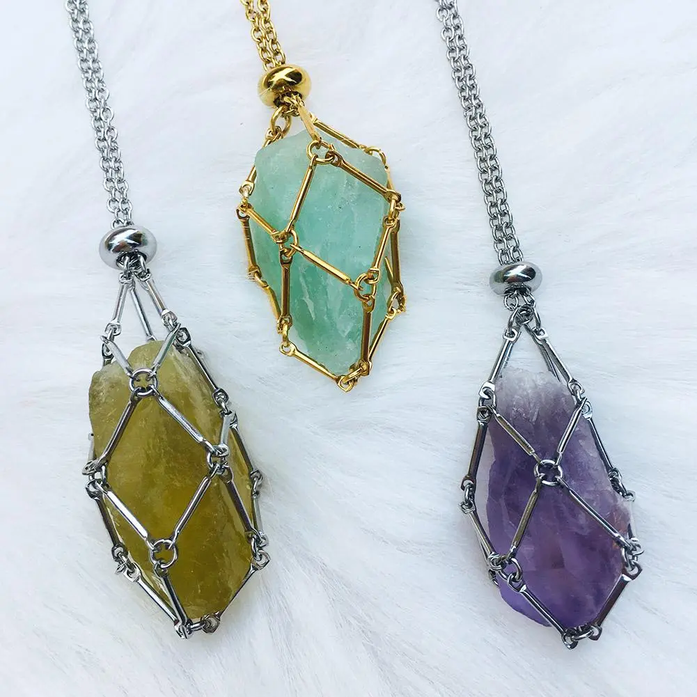 Steel Design Crystal Cage Necklace Holder Net Metal Chain Stone Collecting Holder Adjustable Pendant Jewelry