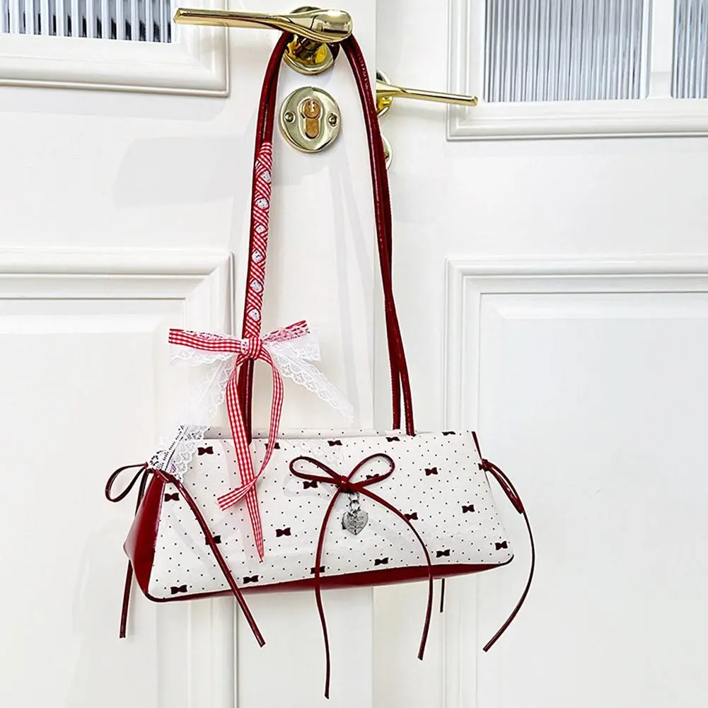 Portable Sweet French Stick Handbag Ribbon Korean Style Underarm Bag PU Leather Handle High Quality Armpit Bag Travel