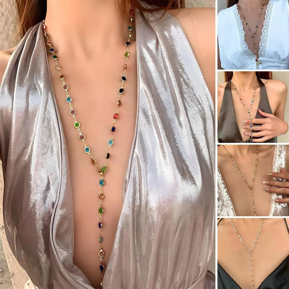 Bohemian Colorful Glass Long Y-Shaped Necklace Metal Collarbone Chain Gold Silver Color Summer Holiday Party Body Jewelry Gifts