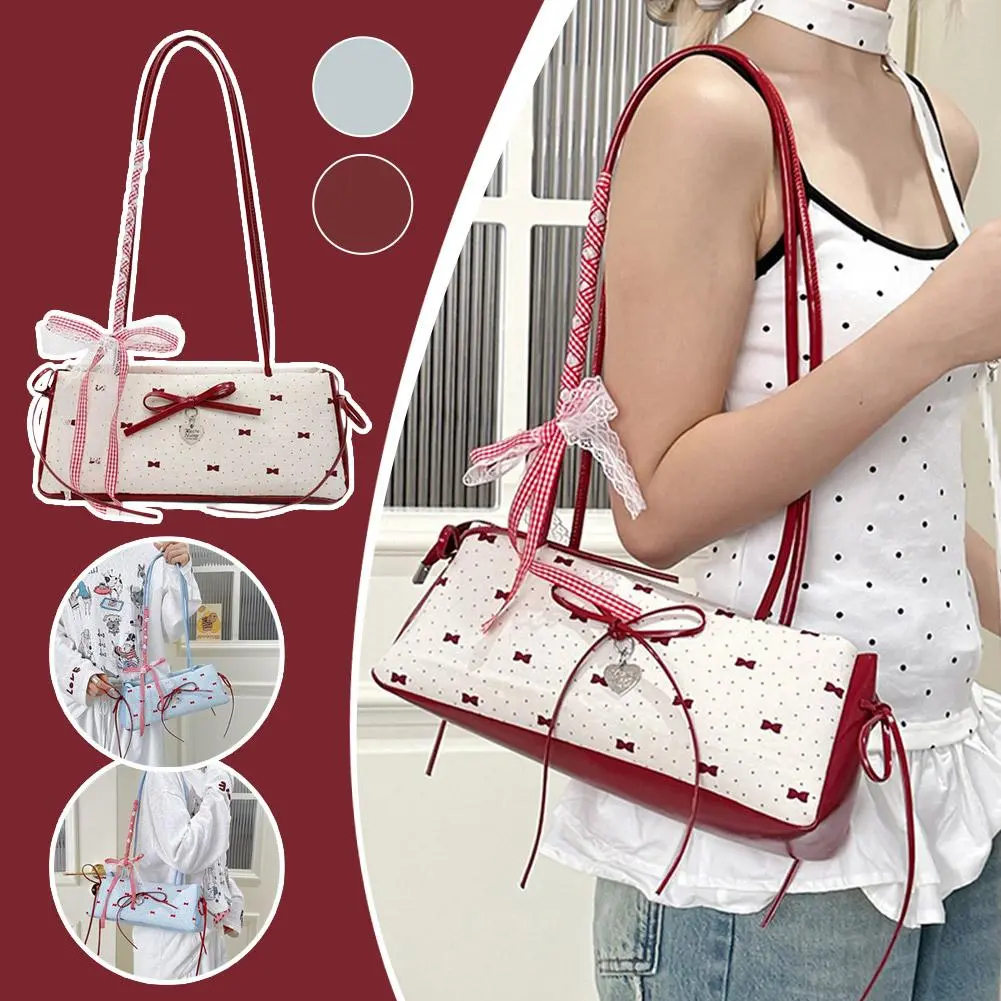Portable Sweet French Stick Handbag Ribbon Korean Style Underarm Bag PU Leather Handle High Quality Armpit Bag Travel