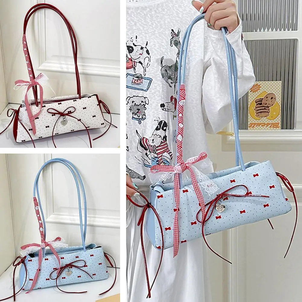 Portable Sweet French Stick Handbag Ribbon Korean Style Underarm Bag PU Leather Handle High Quality Armpit Bag Travel