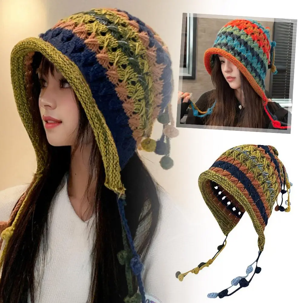 Women Winter Knitted Cap Plush Ball Decor Elastic Thick Hollow Out Beanie Soft Warm Regular Fit Ear Protection Lady Winter Hat