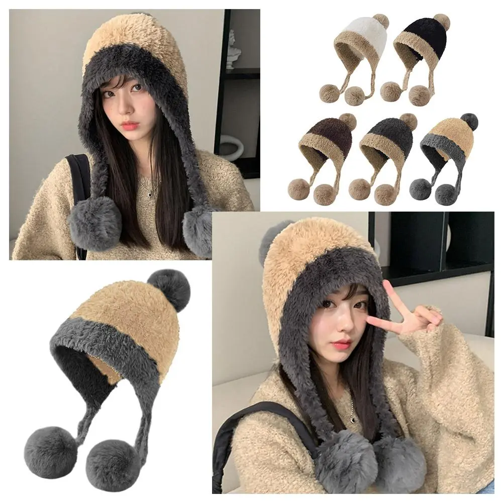 Autumn Winter Warm Knitted Hats Women Cute Cartoon Antlers Two Balls Earflap Cap Plush Fluffy Thicken Beanie Hat