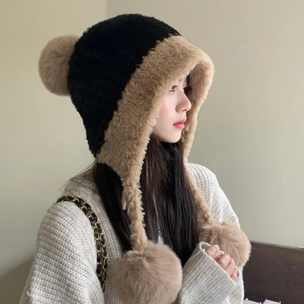 Autumn Winter Warm Knitted Hats Women Cute Cartoon Antlers Two Balls Earflap Cap Plush Fluffy Thicken Beanie Hat