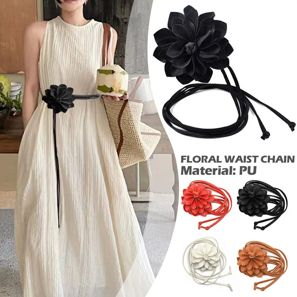 Casual Knotted Waist Chain For Dresses Lady Thin Waist Belt Long Tassel Braid Waistband Elegant Handmade Big Flower Decorative
