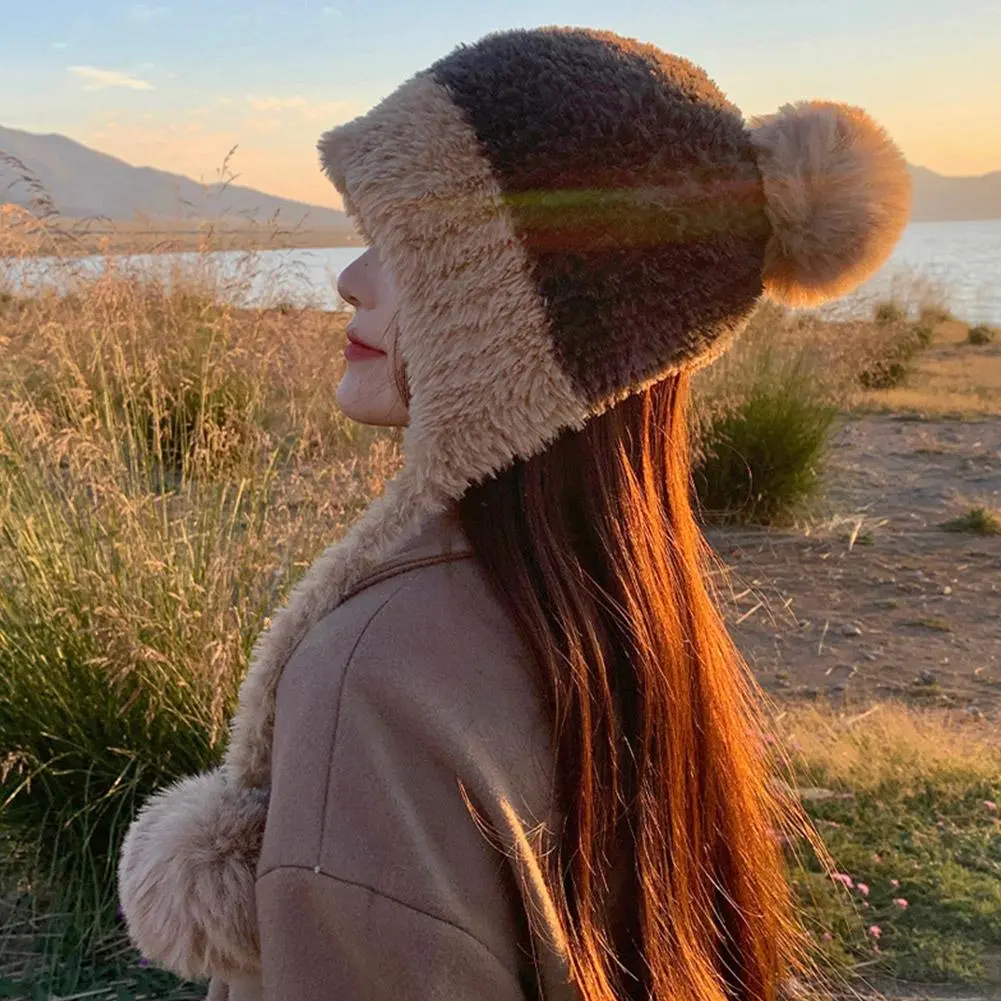 Autumn Winter Warm Knitted Hats Women Cute Cartoon Antlers Two Balls Earflap Cap Plush Fluffy Thicken Beanie Hat