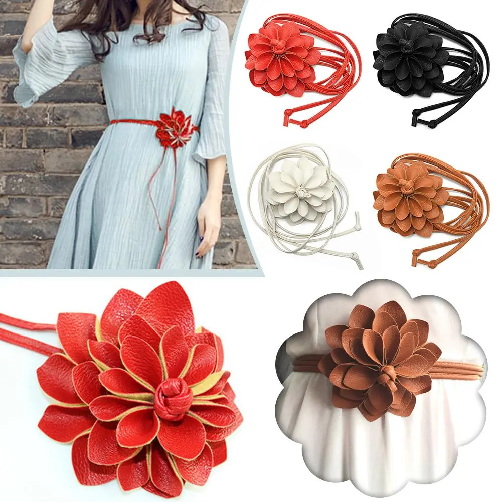Casual Knotted Waist Chain For Dresses Lady Thin Waist Belt Long Tassel Braid Waistband Elegant Handmade Big Flower Decorative