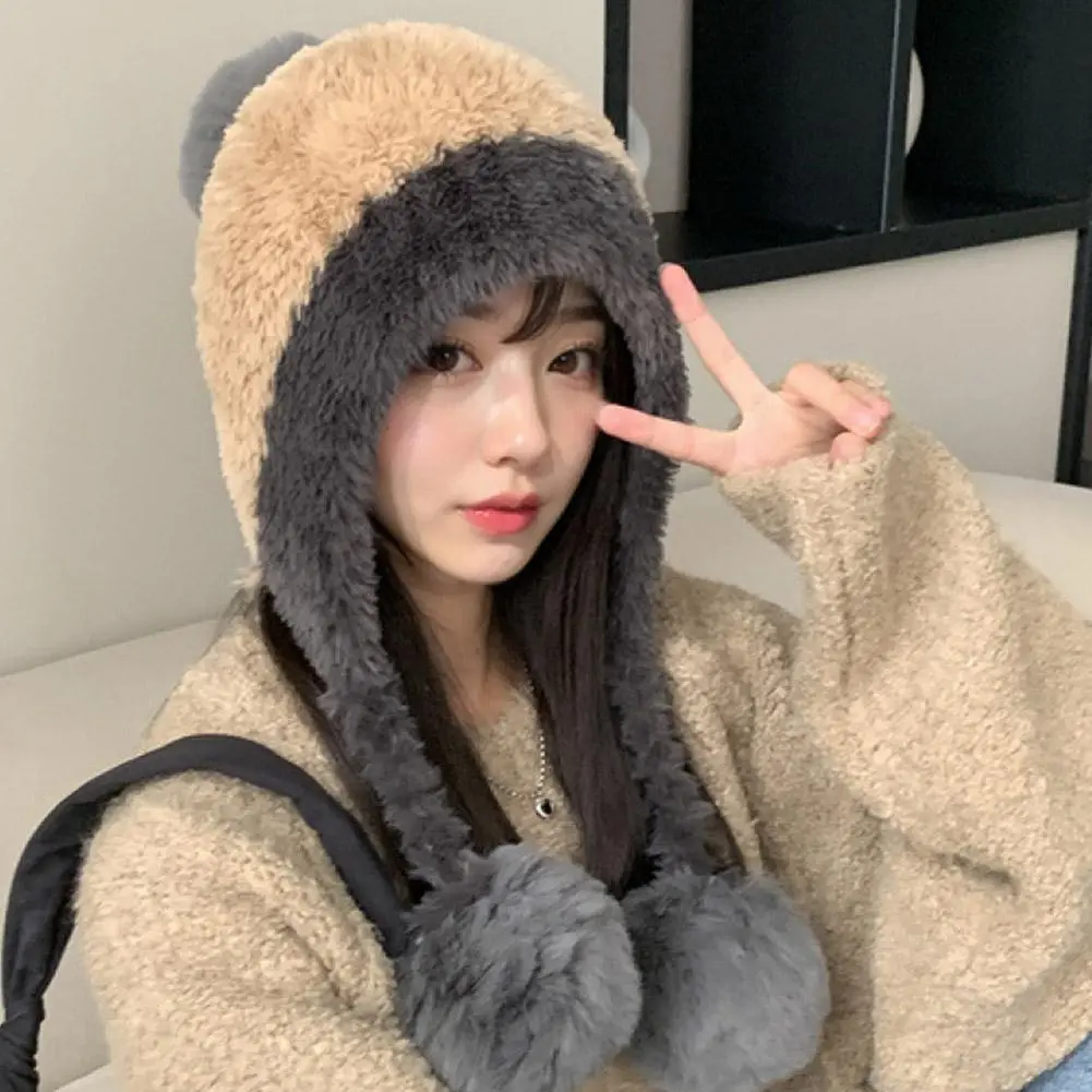 Autumn Winter Warm Knitted Hats Women Cute Cartoon Antlers Two Balls Earflap Cap Plush Fluffy Thicken Beanie Hat