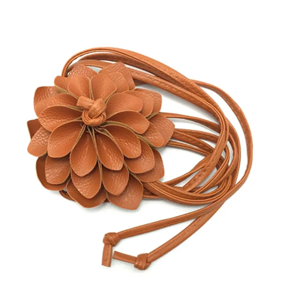 Casual Knotted Waist Chain For Dresses Lady Thin Waist Belt Long Tassel Braid Waistband Elegant Handmade Big Flower Decorative