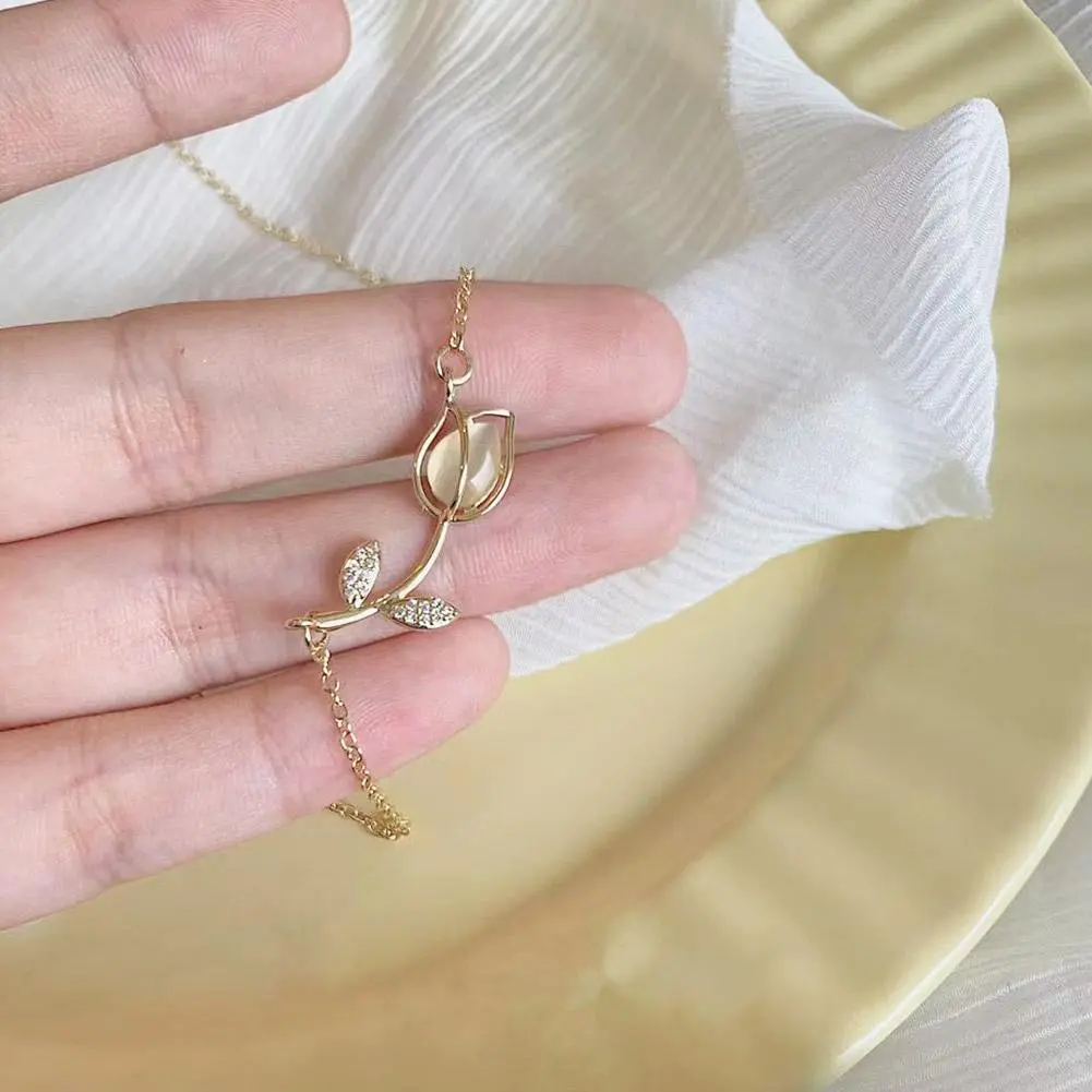 Korean Rose Tulip Flower Necklace for Women Pendant Choker Silver Color Clavicle Chain Rhinestone Wedding Party Jewelry Gifts