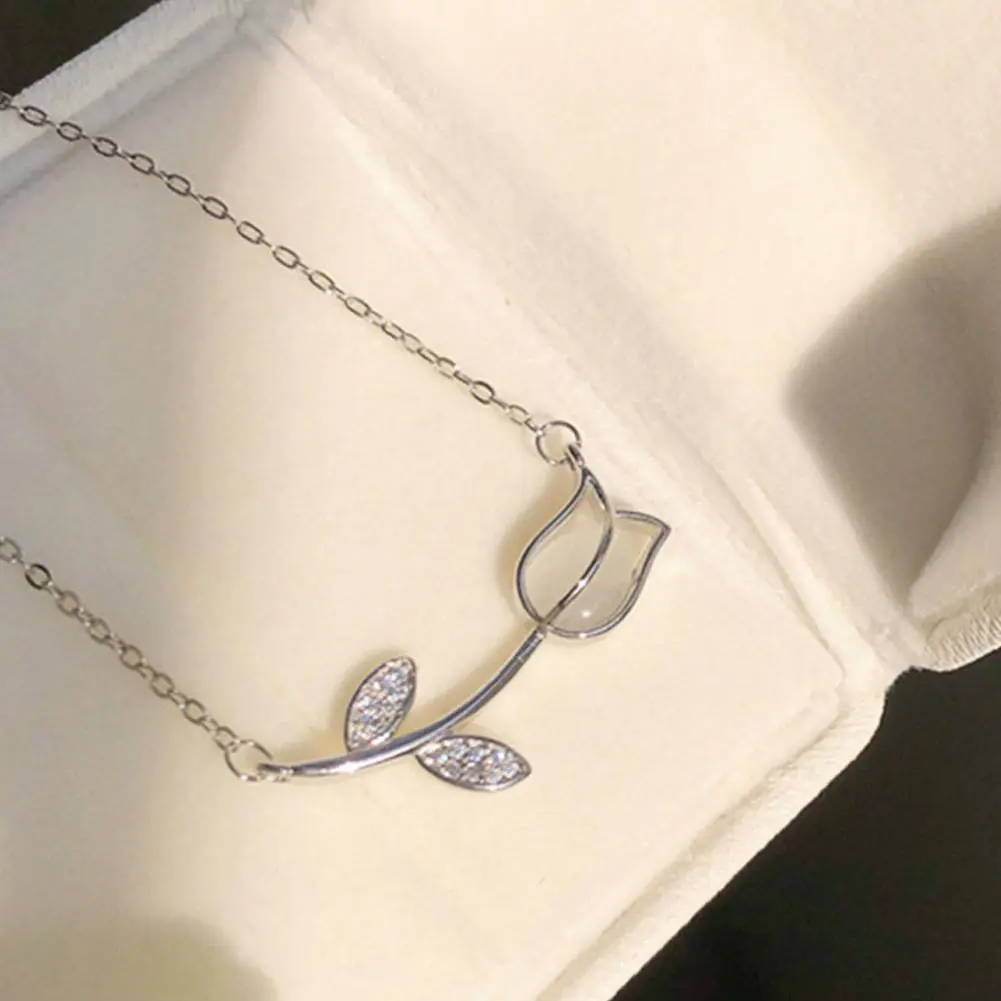 Korean Rose Tulip Flower Necklace for Women Pendant Choker Silver Color Clavicle Chain Rhinestone Wedding Party Jewelry Gifts