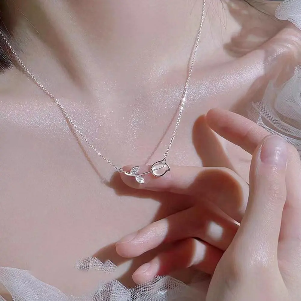 Korean Rose Tulip Flower Necklace for Women Pendant Choker Silver Color Clavicle Chain Rhinestone Wedding Party Jewelry Gifts