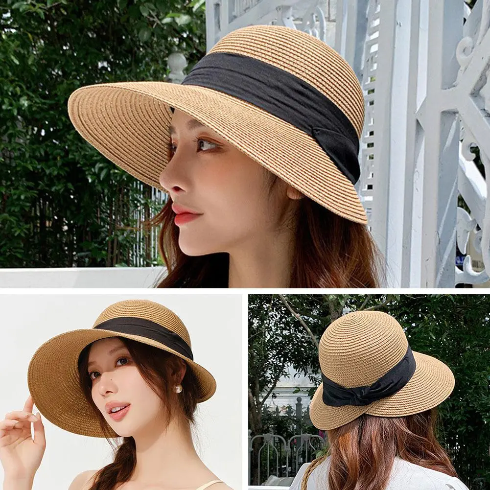 Summer Straw Hat Big Wide Brim Foldable Beach Sun Hat Straw Floppy Sun Block UV Protection Hat Ladies Outdoor Travel Straw Hat
