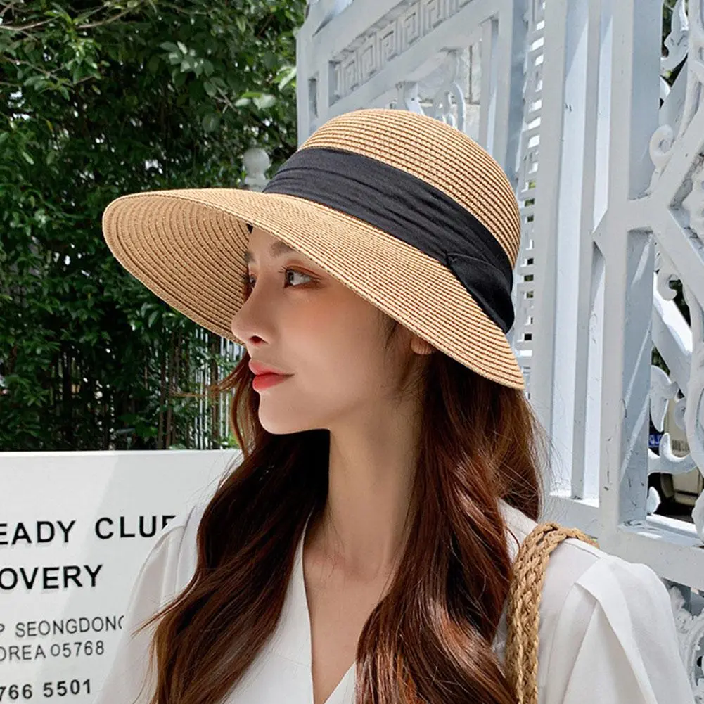 Summer Straw Hat Big Wide Brim Foldable Beach Sun Hat Straw Floppy Sun Block UV Protection Hat Ladies Outdoor Travel Straw Hat
