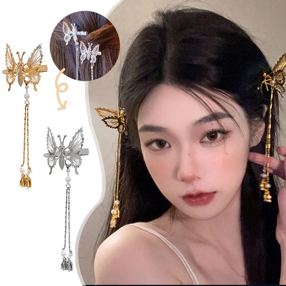 Moving Butterfly Tassel Hairpin Girl Retro Sweet Fairy Hairclips Side Clip Hair Tie Korean Fashion Hair Accessories