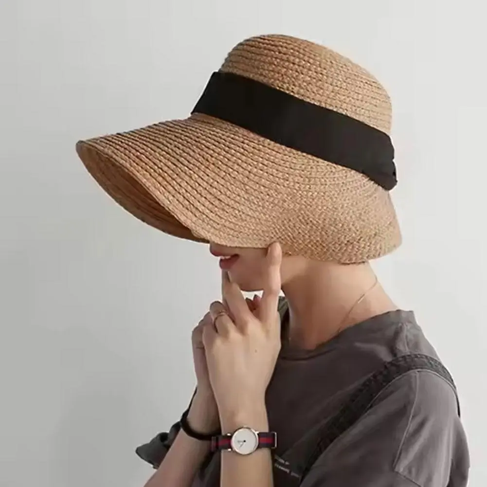 Summer Straw Hat Big Wide Brim Foldable Beach Sun Hat Straw Floppy Sun Block UV Protection Hat Ladies Outdoor Travel Straw Hat