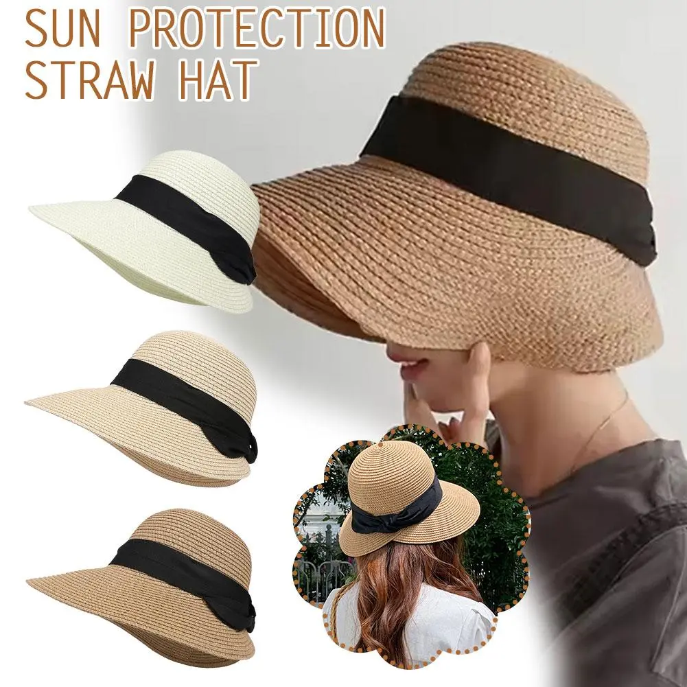 Summer Straw Hat Big Wide Brim Foldable Beach Sun Hat Straw Floppy Sun Block UV Protection Hat Ladies Outdoor Travel Straw Hat