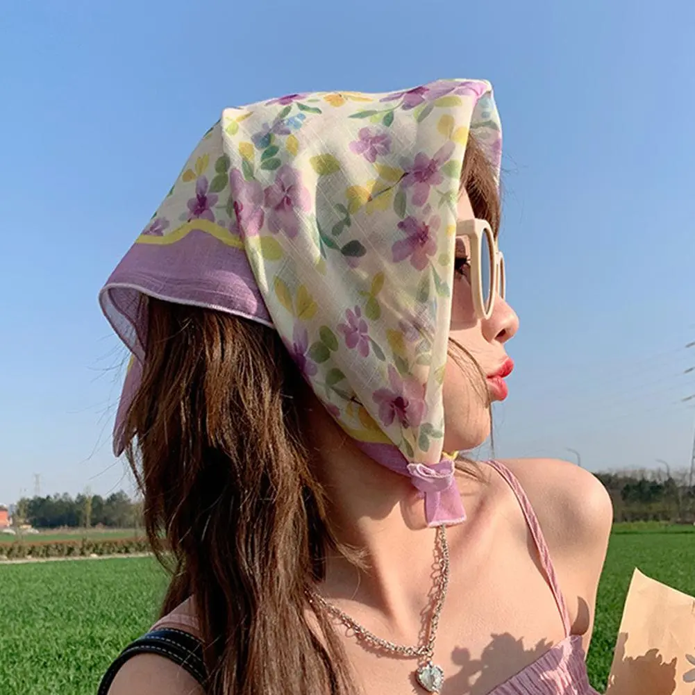 2024 New Small Suapre Silk Scarf Flower Neck Scarves Hair Band Women Cotton Linen Headband Neckerchief Hijab Shawl 58x58cm Soft