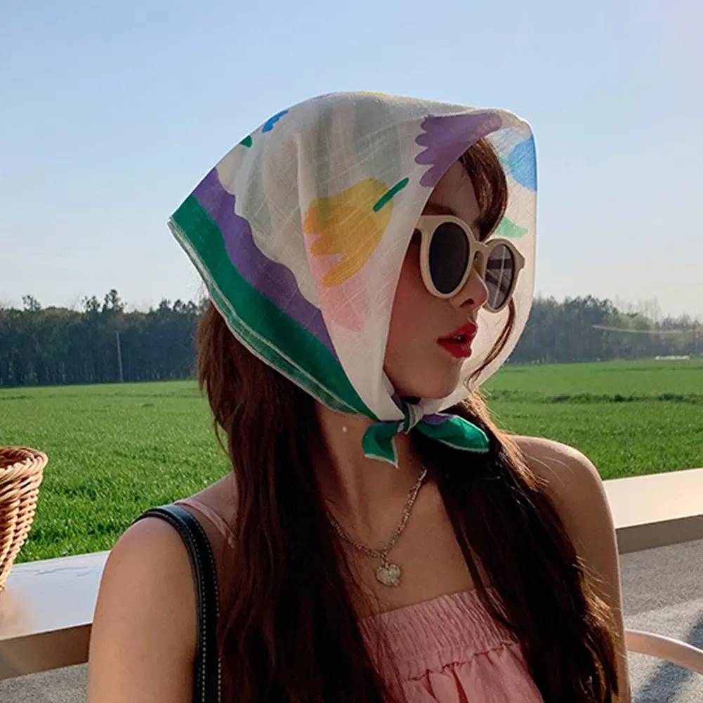 2024 New Small Suapre Silk Scarf Flower Neck Scarves Hair Band Women Cotton Linen Headband Neckerchief Hijab Shawl 58x58cm Soft
