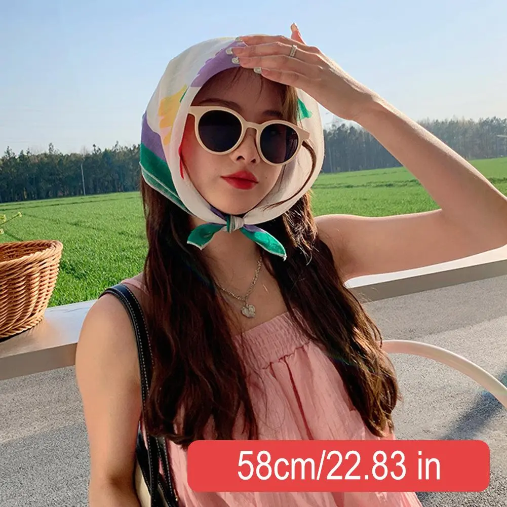 2024 New Small Suapre Silk Scarf Flower Neck Scarves Hair Band Women Cotton Linen Headband Neckerchief Hijab Shawl 58x58cm Soft