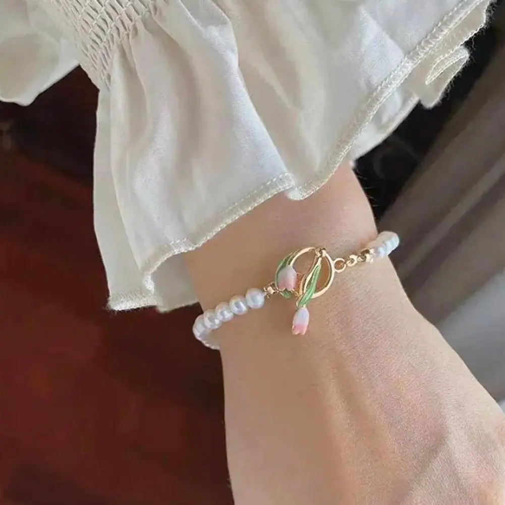 Sweet Colorful Glass Beads Bracelet for Women Fashion Korean Cute Tulip Flower Charm Bracelets Aesthetic Jewelry Friend Gifts