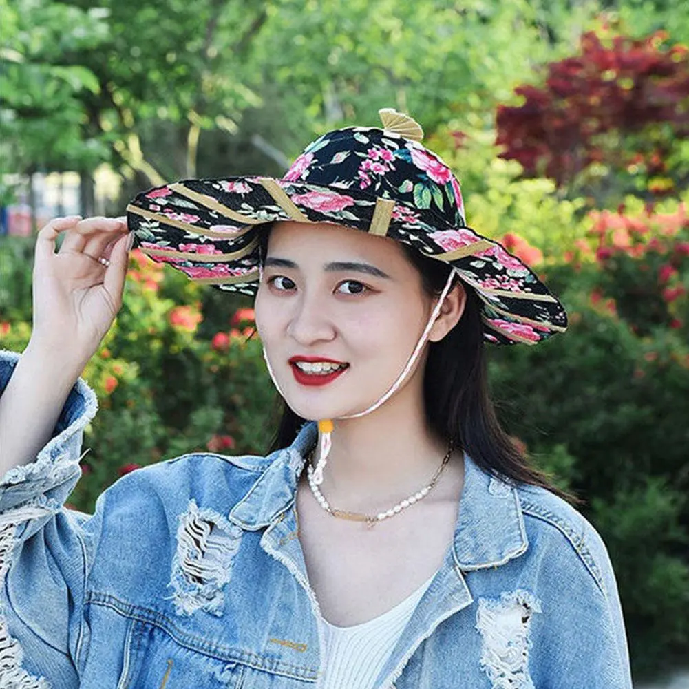 Women Folding Fan Hat Bamboo Silk Foldable Wide Brim Travel Protection Sunscreen Cap Portable Summer Sun Beach Hat Gift Jew N1W3
