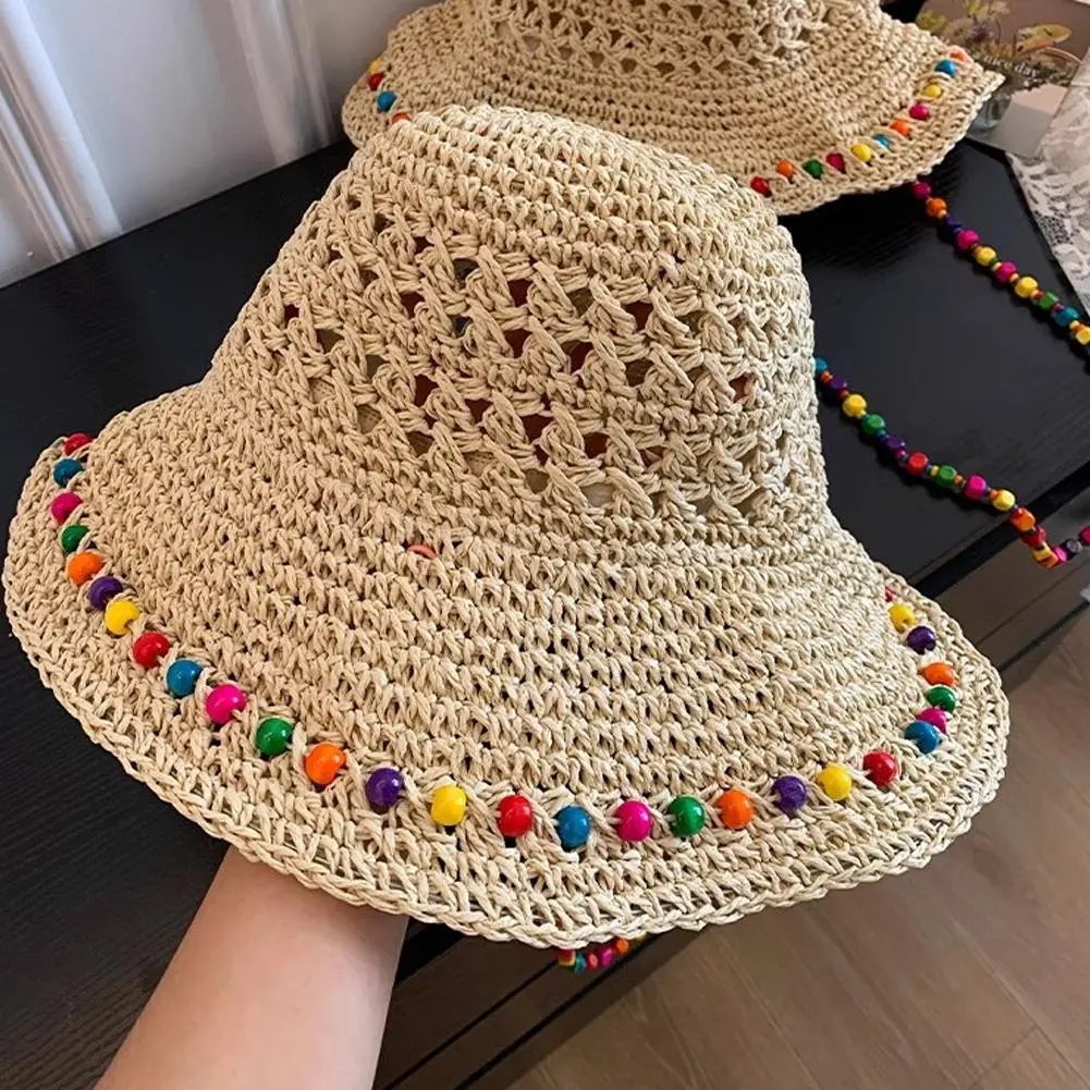 Ins Retro Pastoral Style Colored Wood Bead Chain Bucket Hats Women Summer Breathable Big Brim Sun Protection Versatile Sun Hat