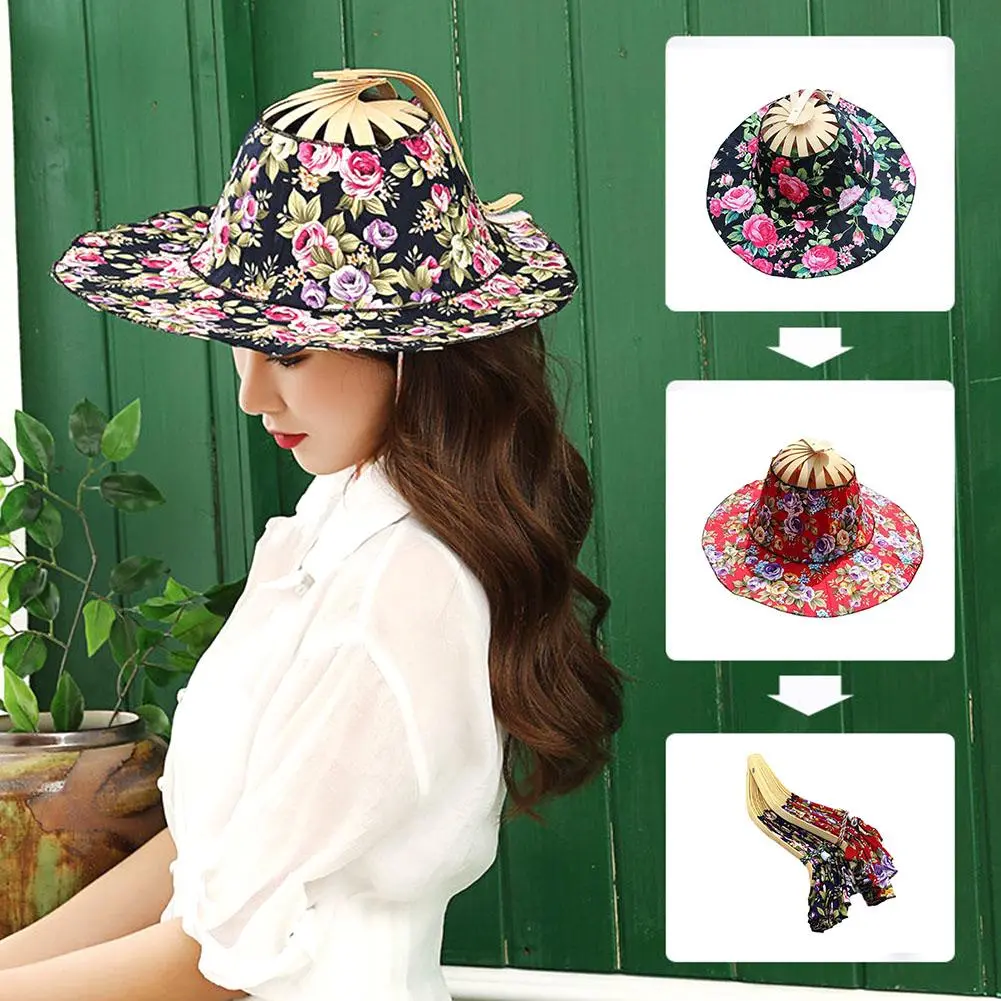 Women Folding Fan Hat Bamboo Silk Foldable Wide Brim Travel Protection Sunscreen Cap Portable Summer Sun Beach Hat Gift Jew N1W3