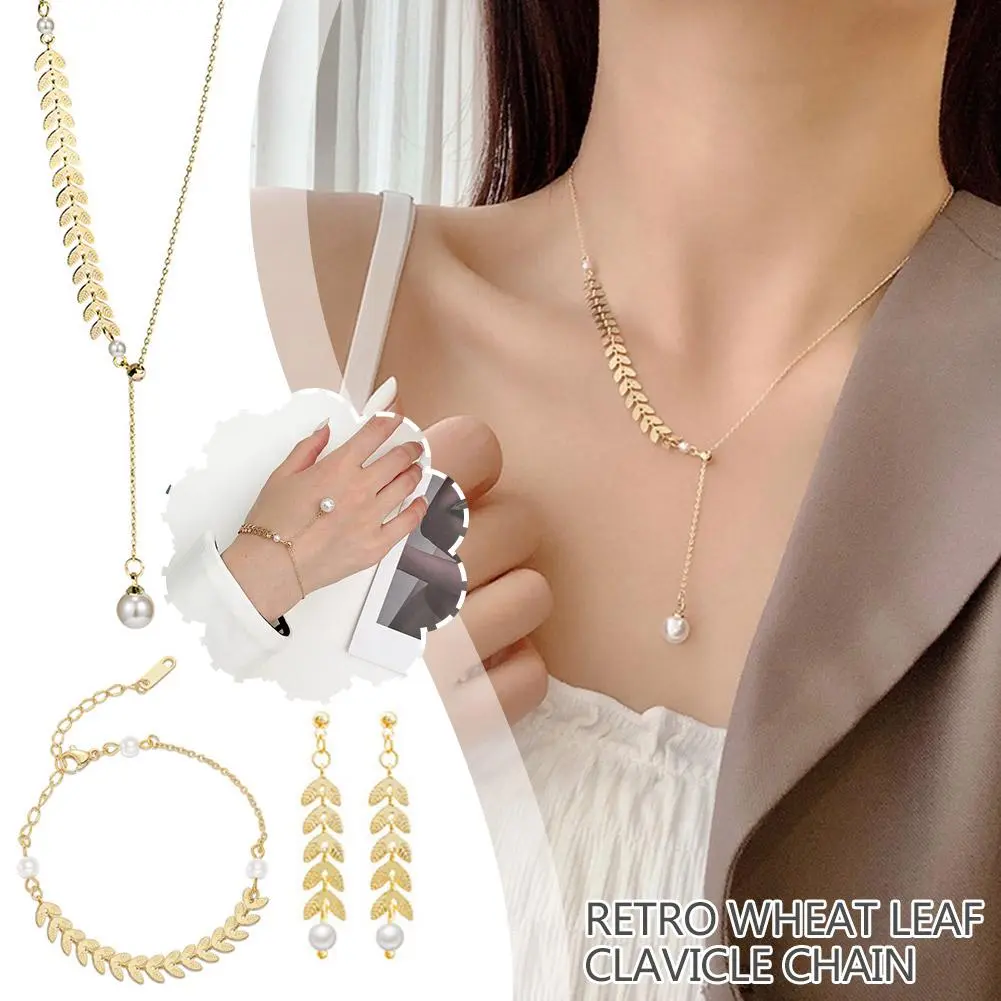 New Simple Wheat Ear Pearl Bracelet Necklace Earrings Jewelry Set for Women Temperament Lucky Gold Color Bracelet Charm Jewelry