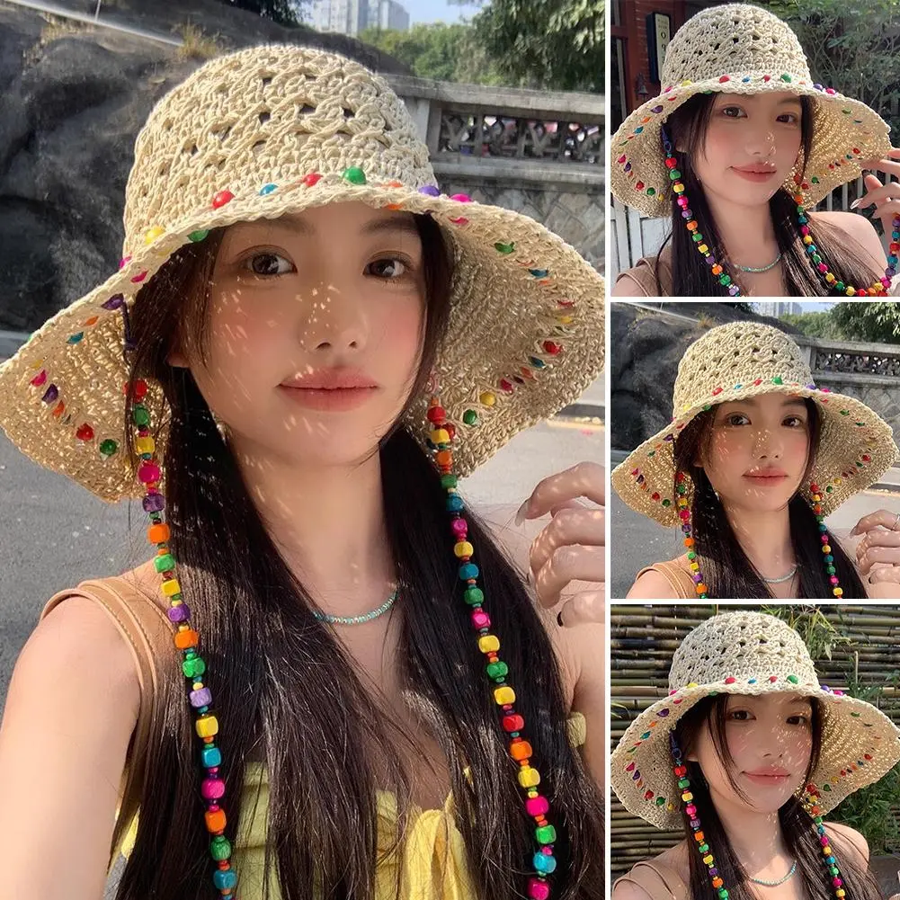 Ins Retro Pastoral Style Colored Wood Bead Chain Bucket Hats Women Summer Breathable Big Brim Sun Protection Versatile Sun Hat