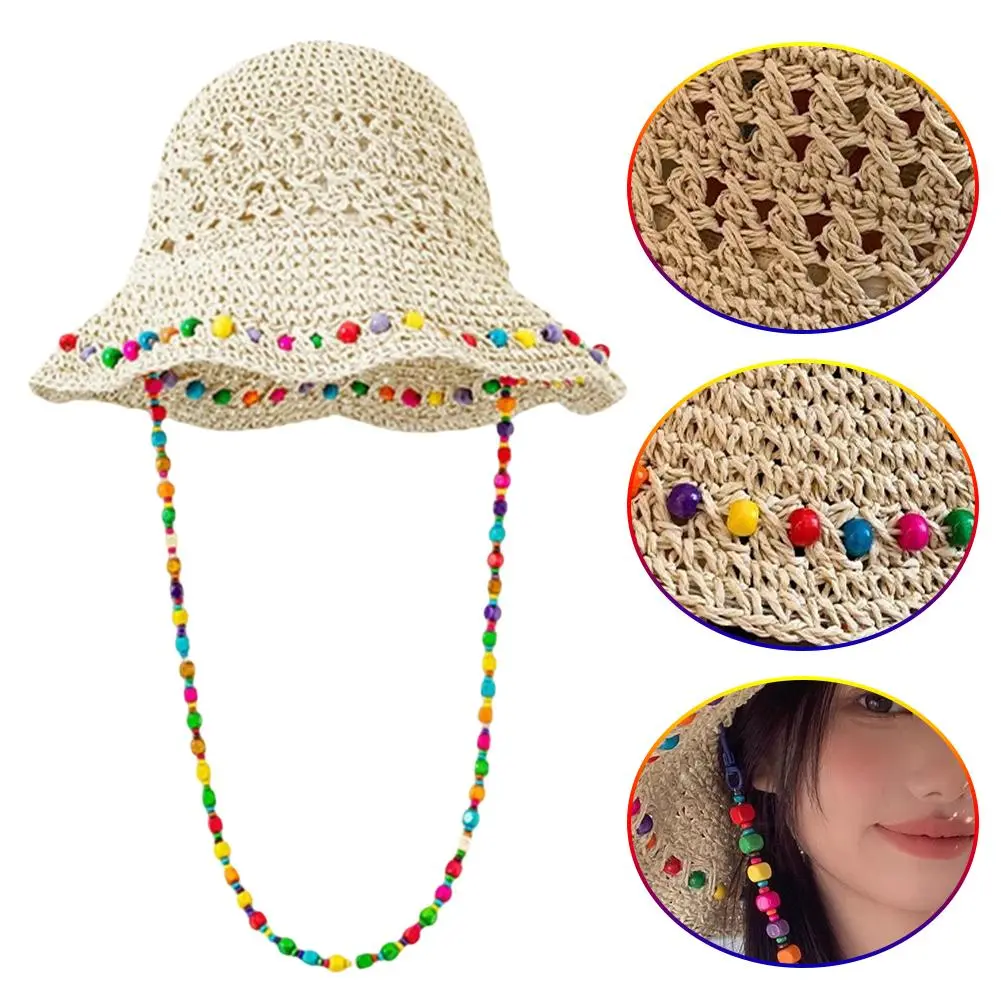 Ins Retro Pastoral Style Colored Wood Bead Chain Bucket Hats Women Summer Breathable Big Brim Sun Protection Versatile Sun Hat