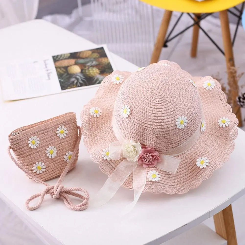 Fashion Summe Girl kids Cute Straw Hat +Handbag Sets Child Baby Outdoor Holiday Beach Hat Bags Set Flower Sun Cap Panama