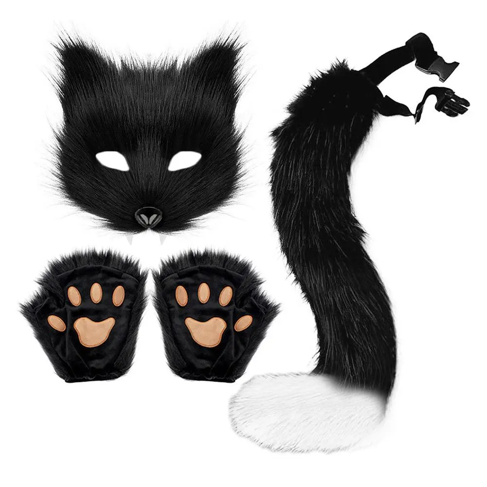 Wolf Paw Gloves Faux Fur Cat Fingerless Mittens Winter Warm Cosplay Halloween Fancy Party Costume Accessories