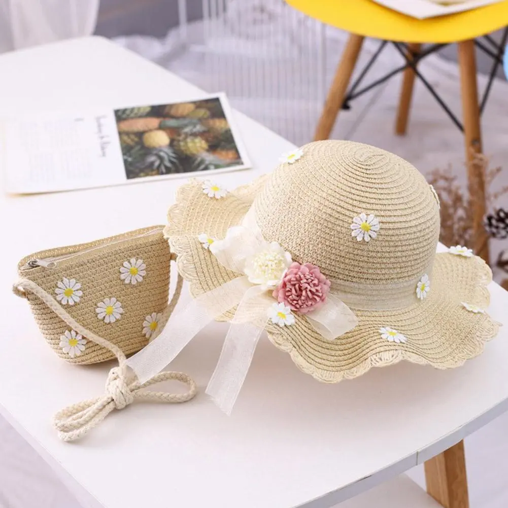 Fashion Summe Girl kids Cute Straw Hat +Handbag Sets Child Baby Outdoor Holiday Beach Hat Bags Set Flower Sun Cap Panama