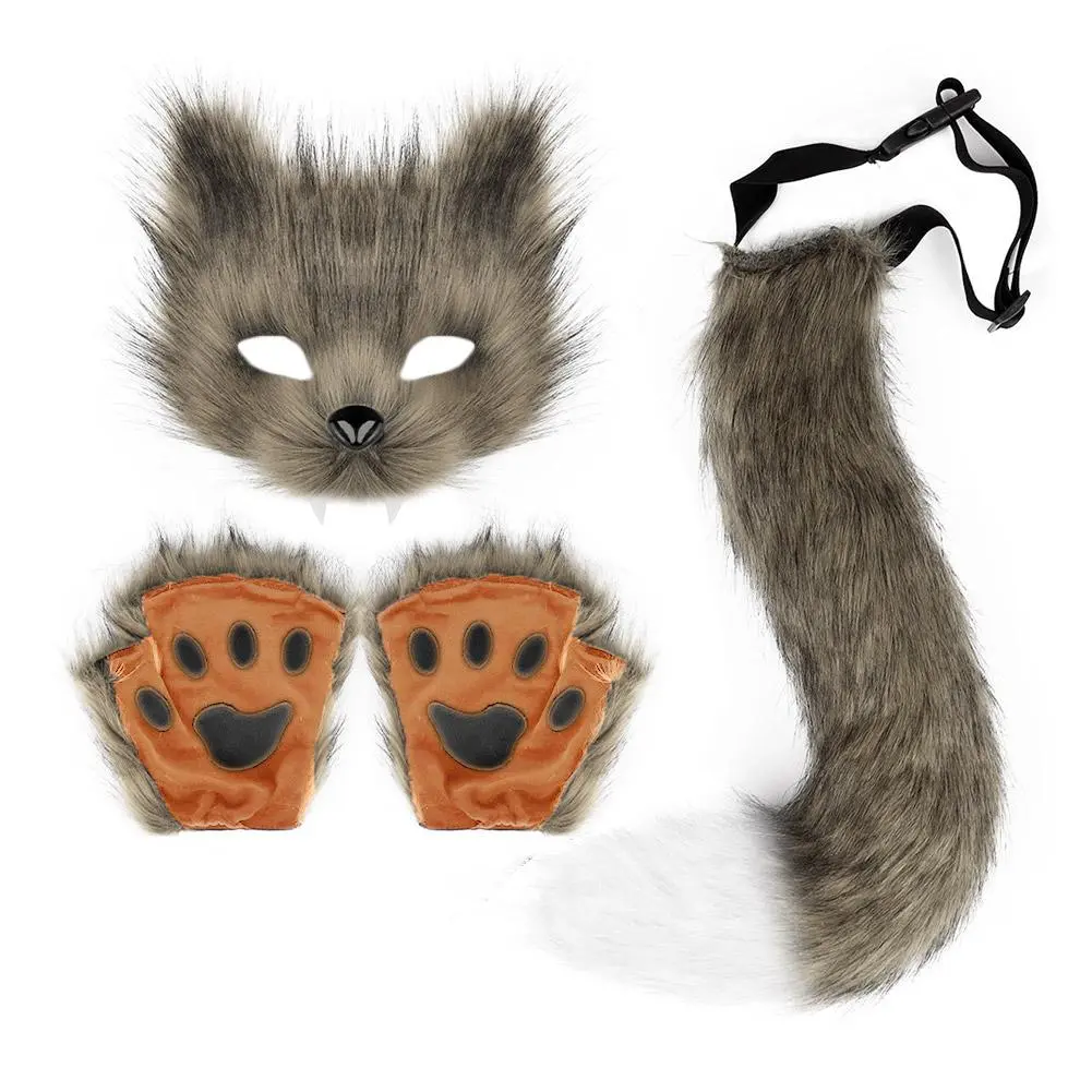 Wolf Paw Gloves Faux Fur Cat Fingerless Mittens Winter Warm Cosplay Halloween Fancy Party Costume Accessories