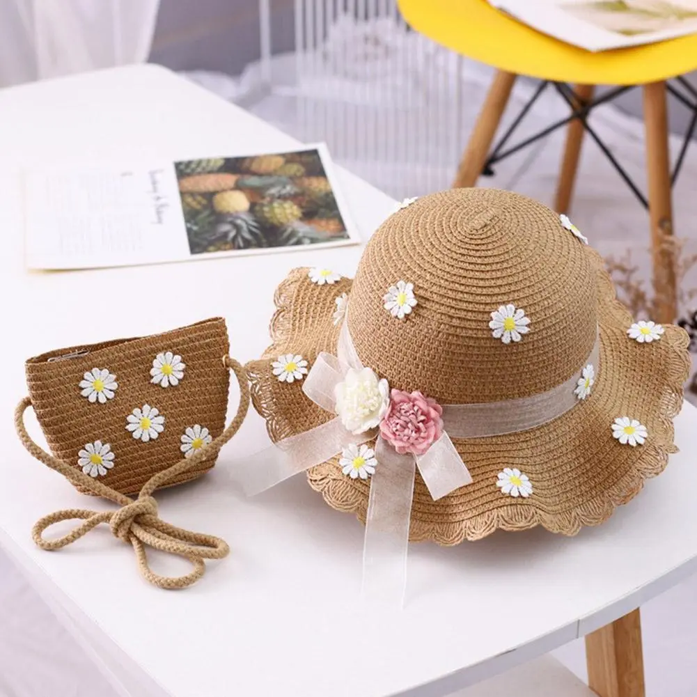 Fashion Summe Girl kids Cute Straw Hat +Handbag Sets Child Baby Outdoor Holiday Beach Hat Bags Set Flower Sun Cap Panama