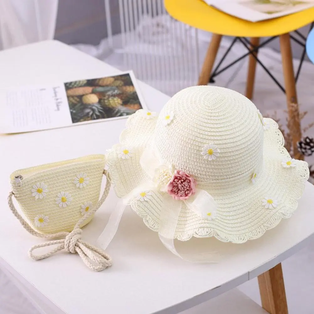 Fashion Summe Girl kids Cute Straw Hat +Handbag Sets Child Baby Outdoor Holiday Beach Hat Bags Set Flower Sun Cap Panama
